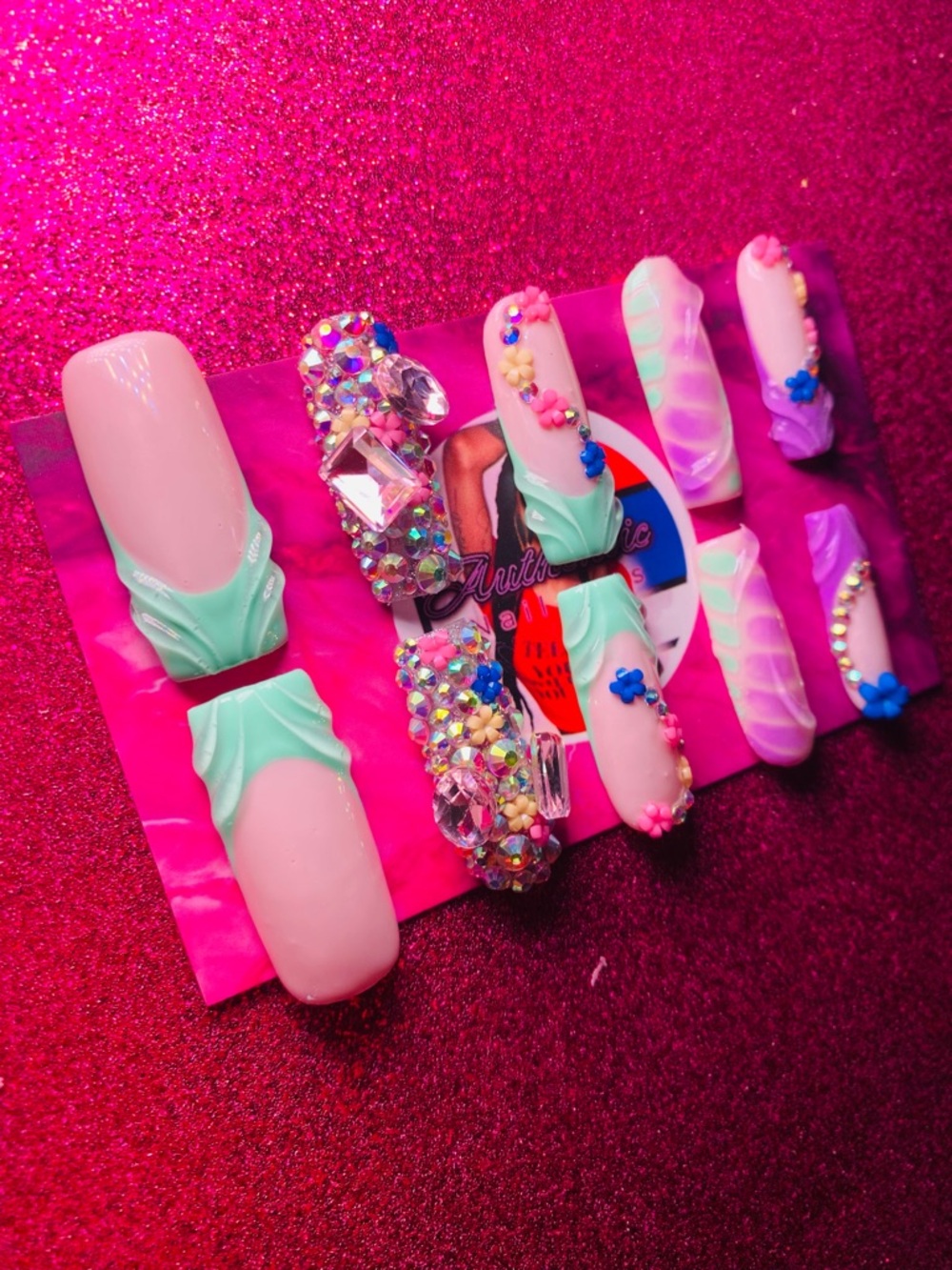 Pastel Pink and Mint 3D Press-On Nail Set with Rhinestones